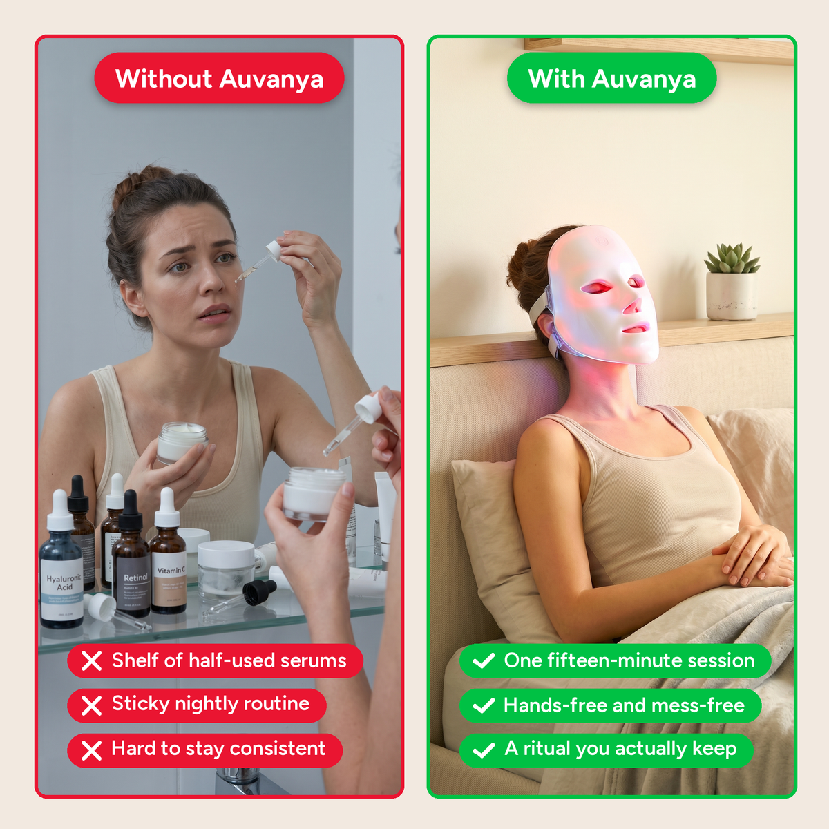Without Auvanya and with Auvanya — side-by-side comparison