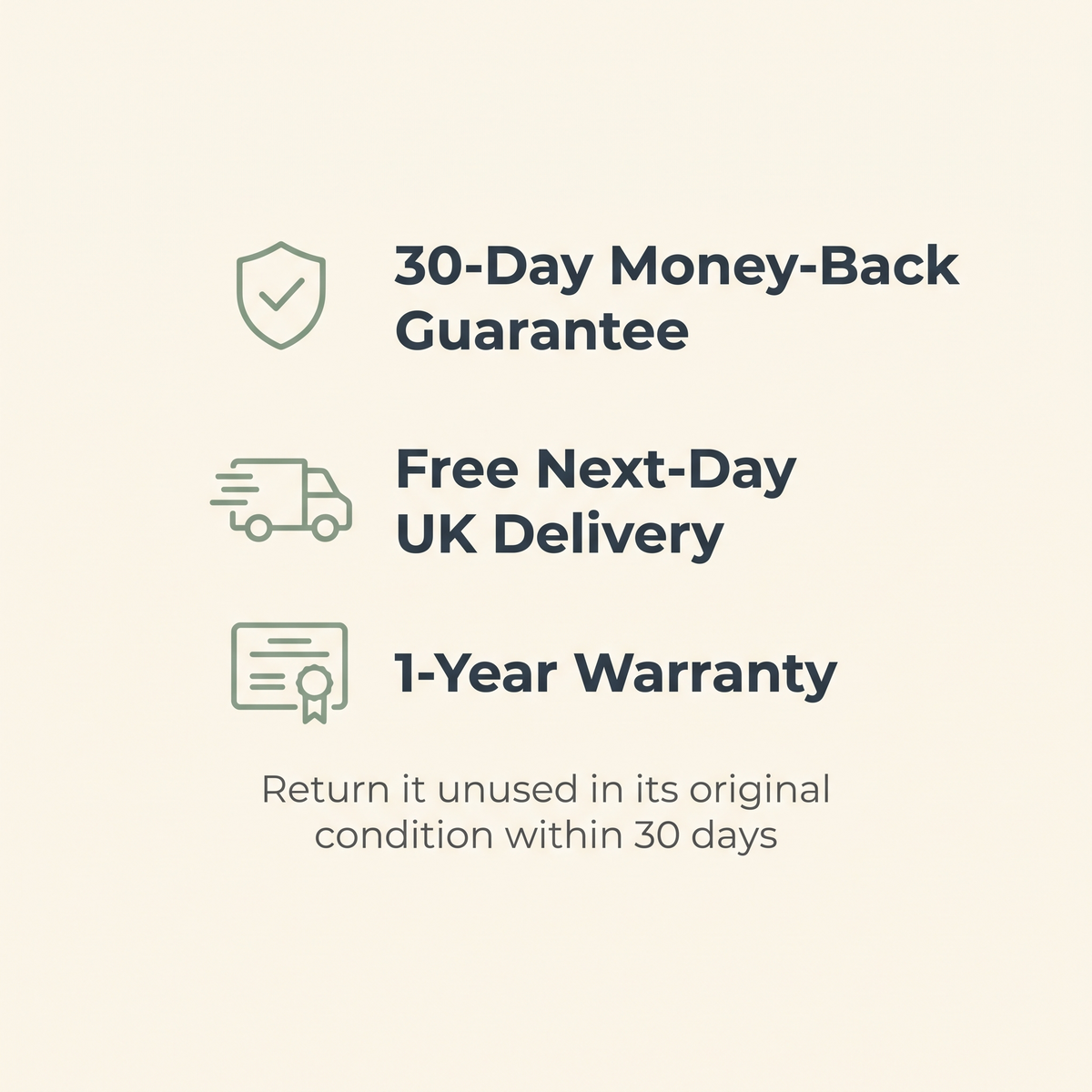 30-day money-back guarantee, free next-day UK delivery, 1-year warranty