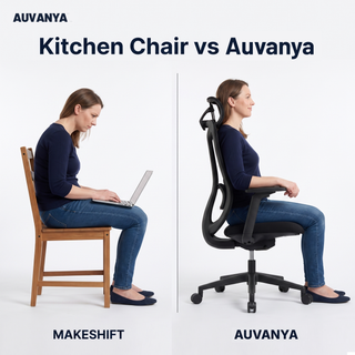 Kitchen chair vs Auvanya — same woman slumped on a wooden chair, then sitting upright in the Pro Mesh Office Chair