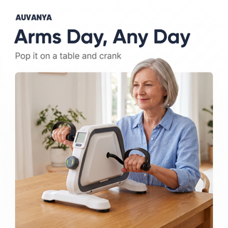 Pedal Exerciser on a table — woman cranking the pedals by hand