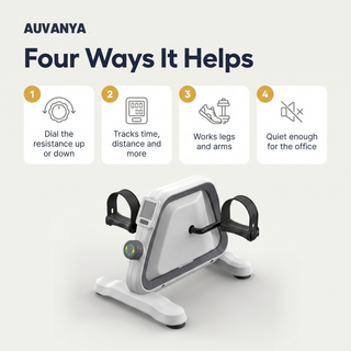Pedal Exerciser — four ways it helps: resistance dial, tracking display, legs and arms, quiet