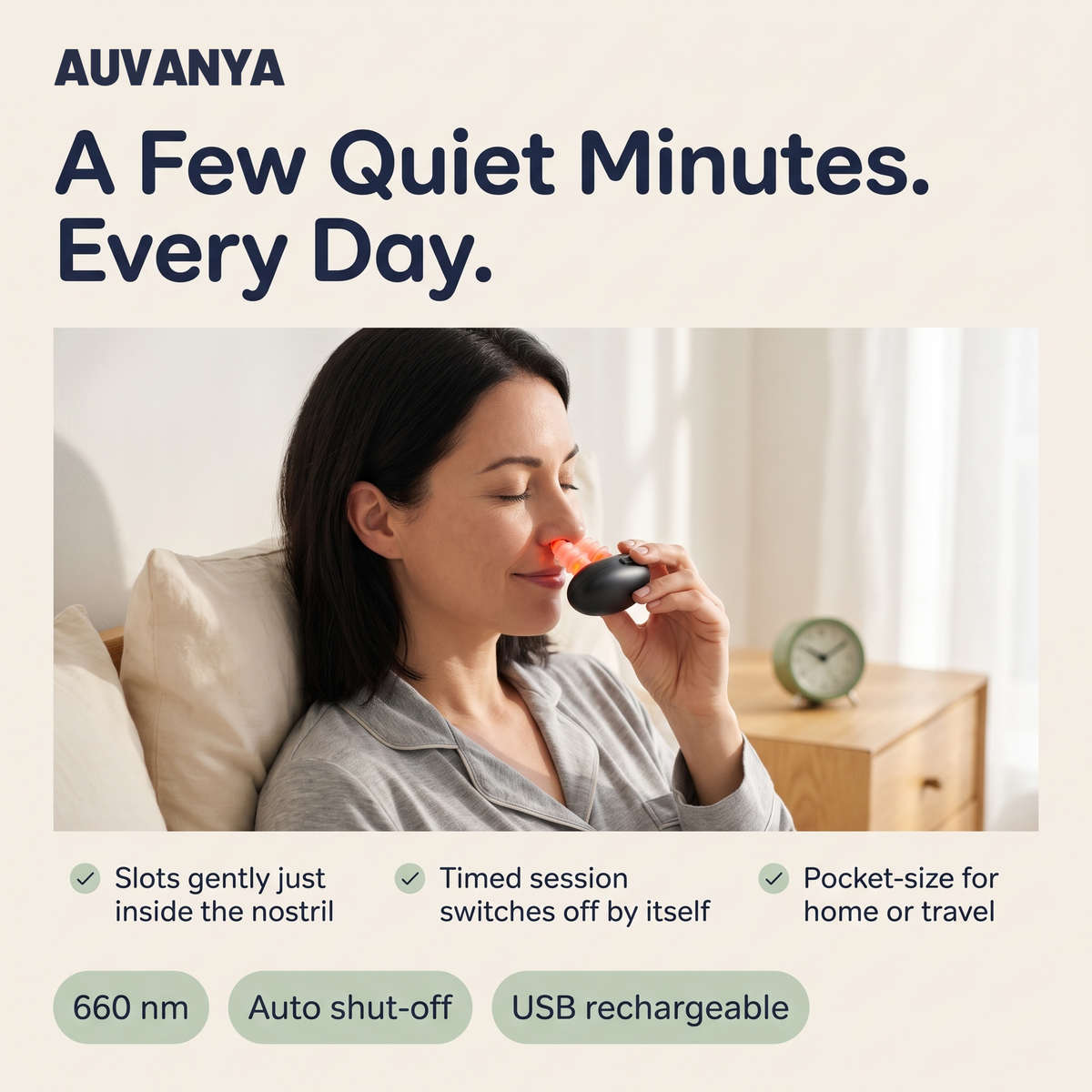 A few quiet minutes, every day — timed session, pocket-size, USB rechargeable