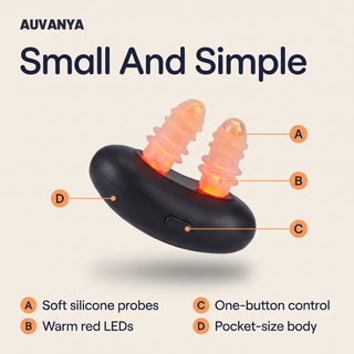 Small and simple: soft silicone probes, warm red LEDs, one-button control, pocket-size body